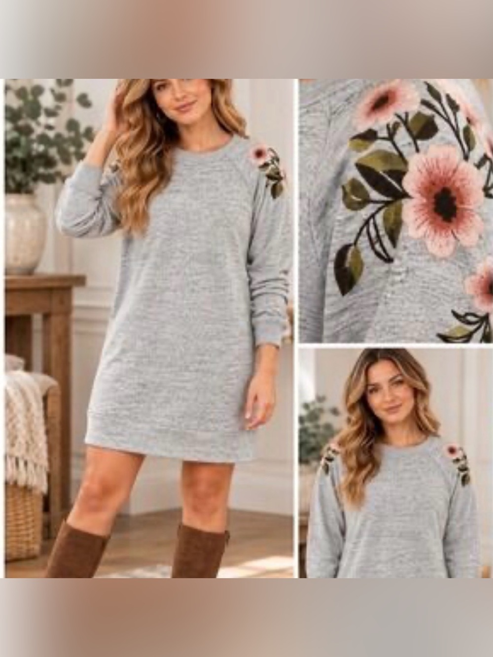 Abercrombie & Fitch Heather Gray Crewneck Sweater Dress Pink Floral Embroidery